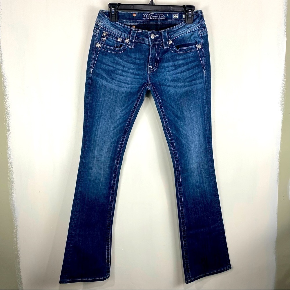 Miss Me Beaded Sequin Signature Boot Cut Dark Wash‎ Denim Full Length Jeans 27